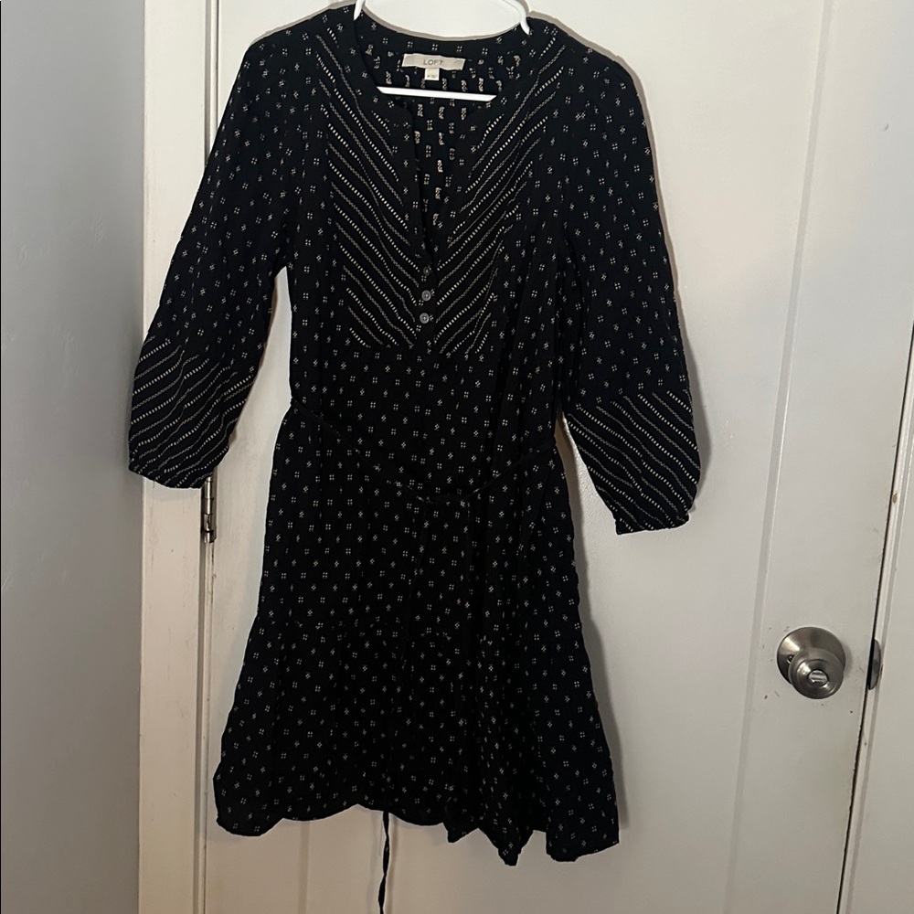 LOFT Black Dress with Cream Patterns